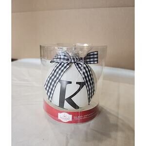 Holiday Time Monogram Glass Ornament Letter "K" White & Black Buffalo Check Bow